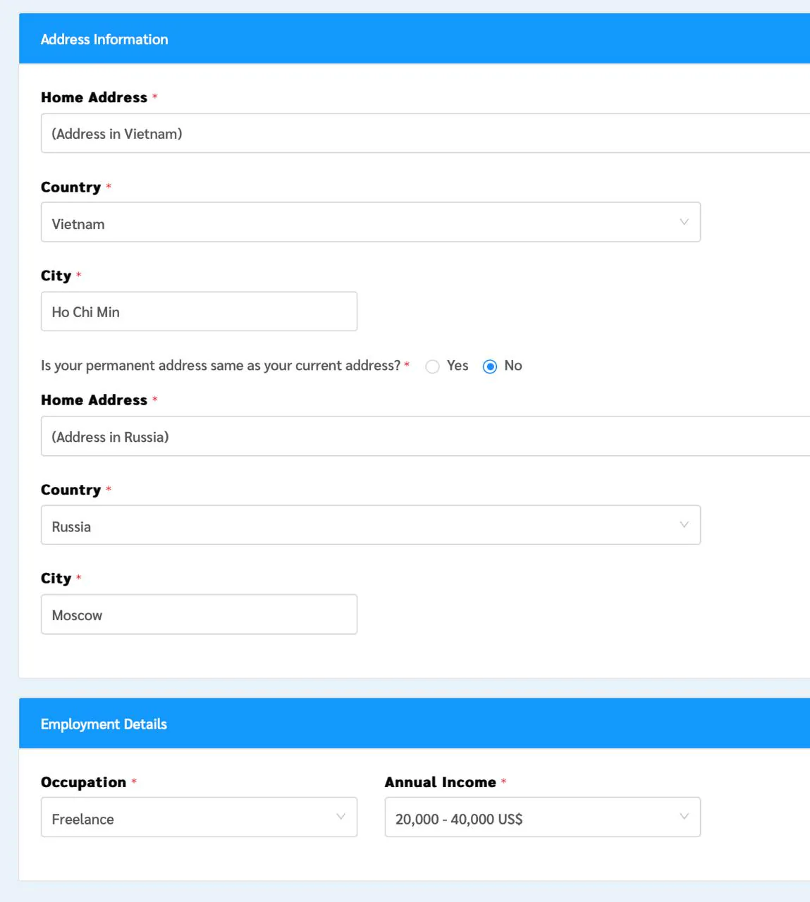 Разделы Address Information и Employment Details