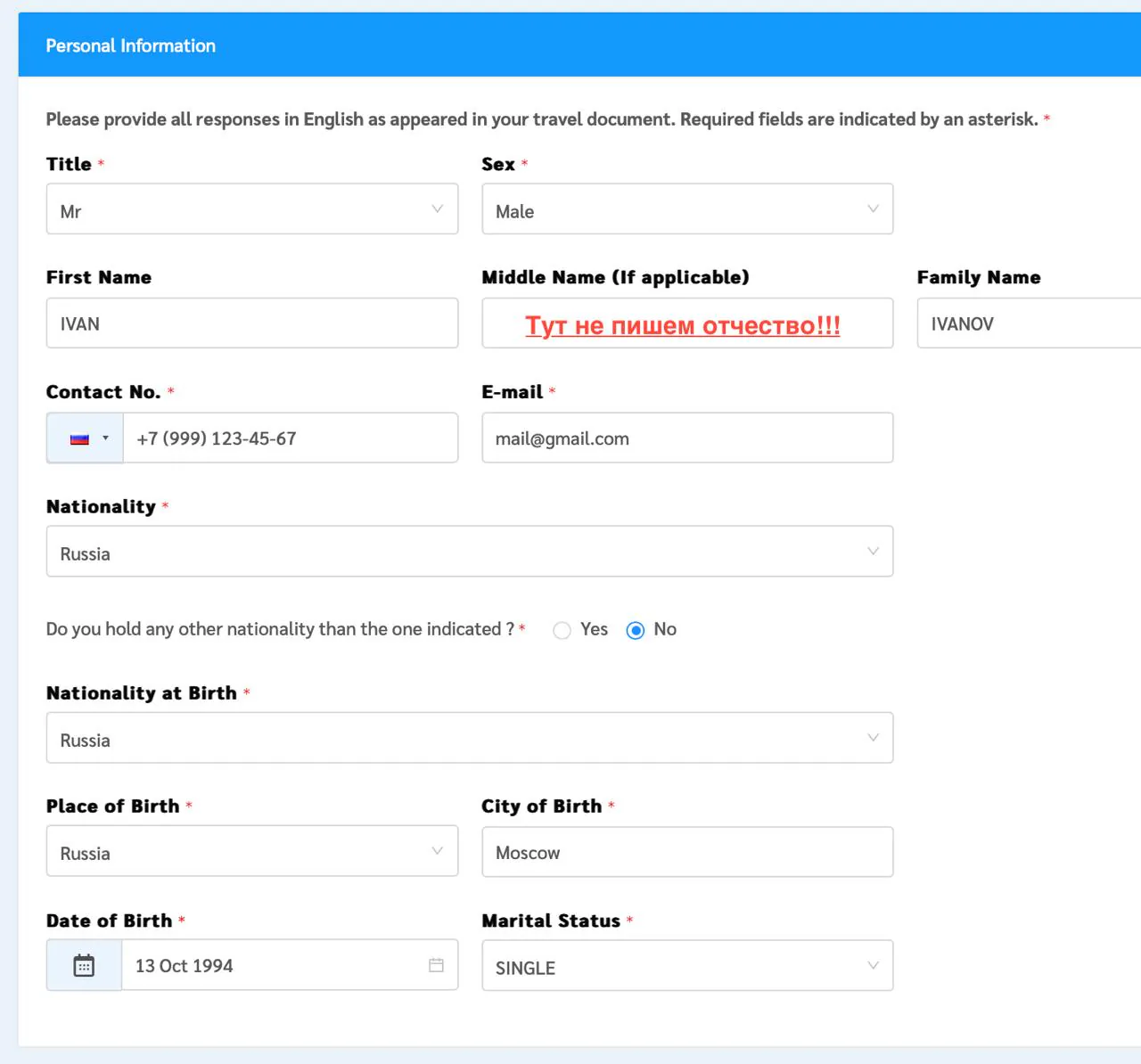 Раздел Personal Information в анкете Thai e-Visa