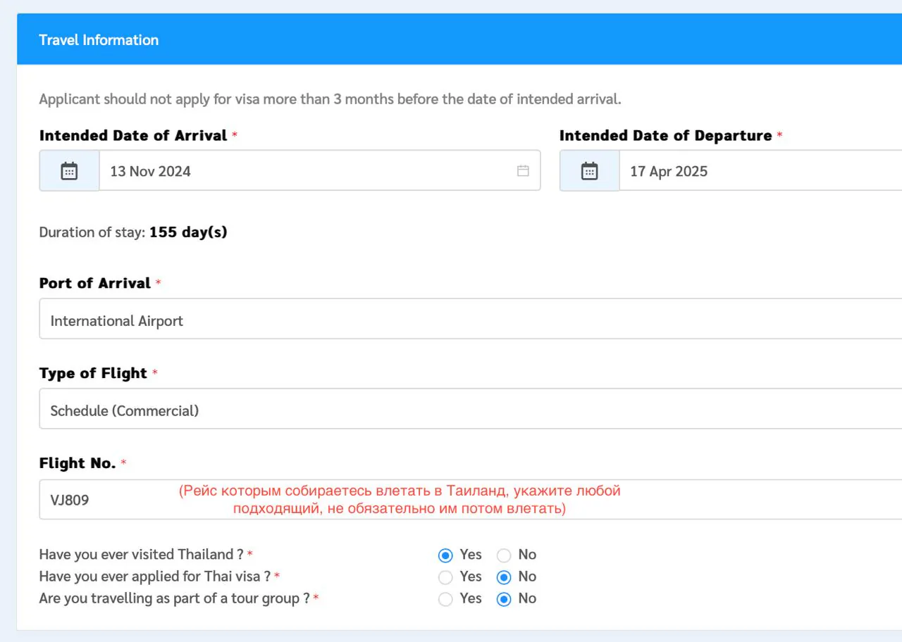 Раздел Travel Information в анкете Thai e-Visa